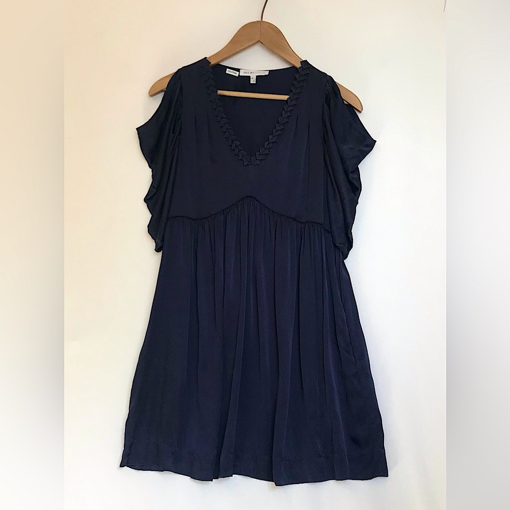 Women's See by Chloe 100% Silk Dress Navy Blue Babydoll Sz 2 Open Flutter Sleeve